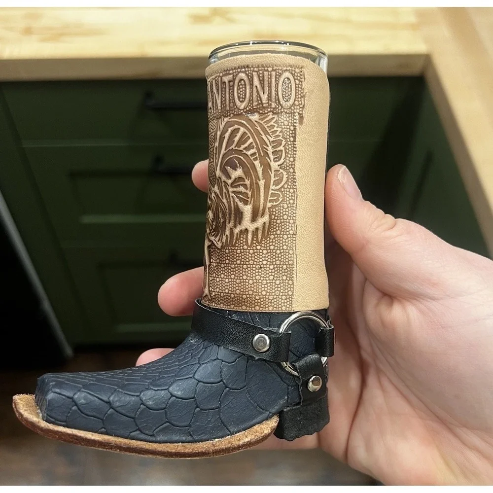 Unique Leather Boot Shot Glasses, Set Of 2, San‎ Antonio, Texas - Made In Mexico